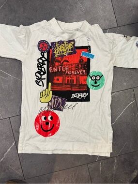 Burberry White Kids Tee with Red, Green and Yellow Sticker Graphics